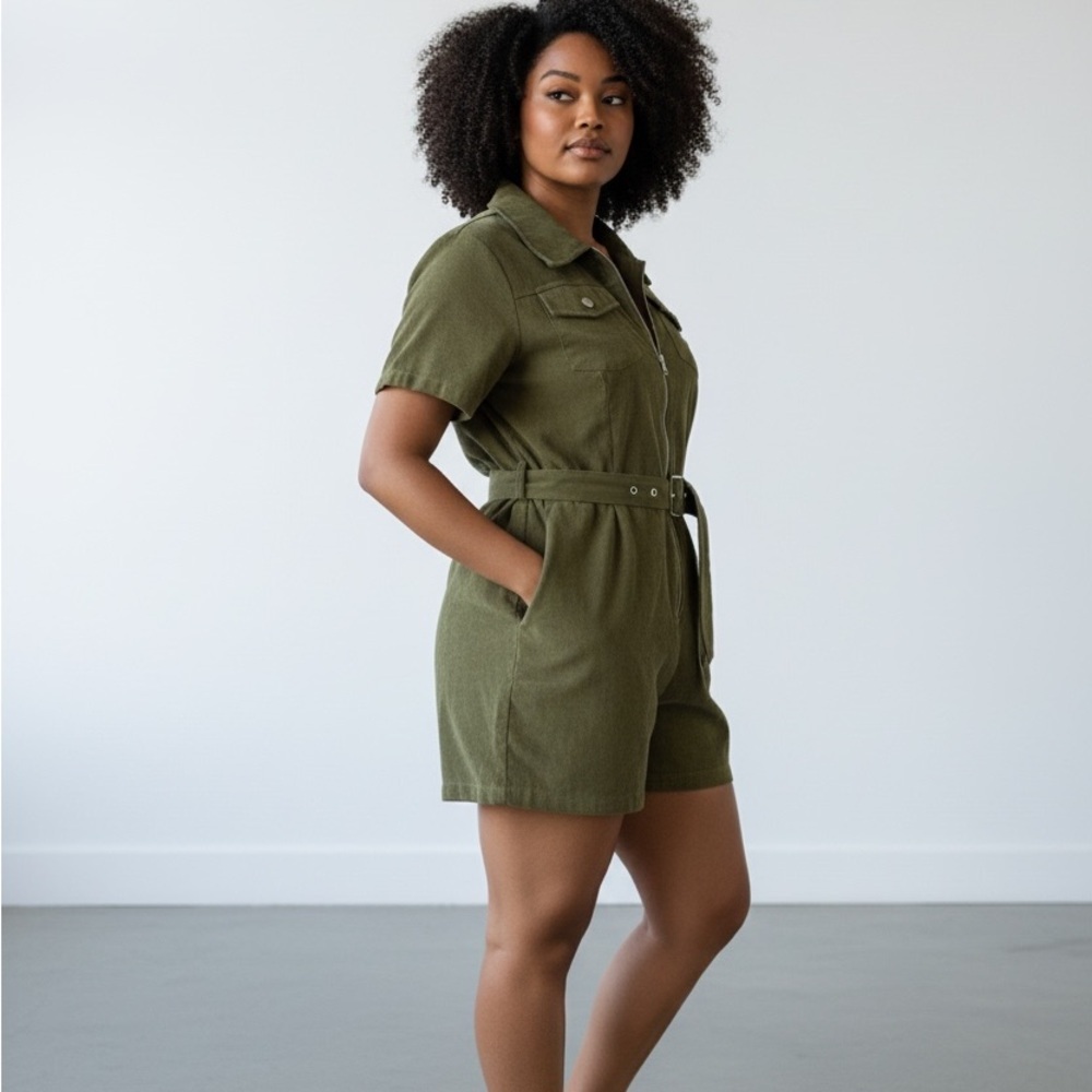 Olive Utility Short-Sleeve Romper with Belt